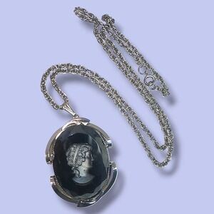 Vintage Hematite Glass Cameo Pendant Necklace Silver Tone 24" Faceted Oval